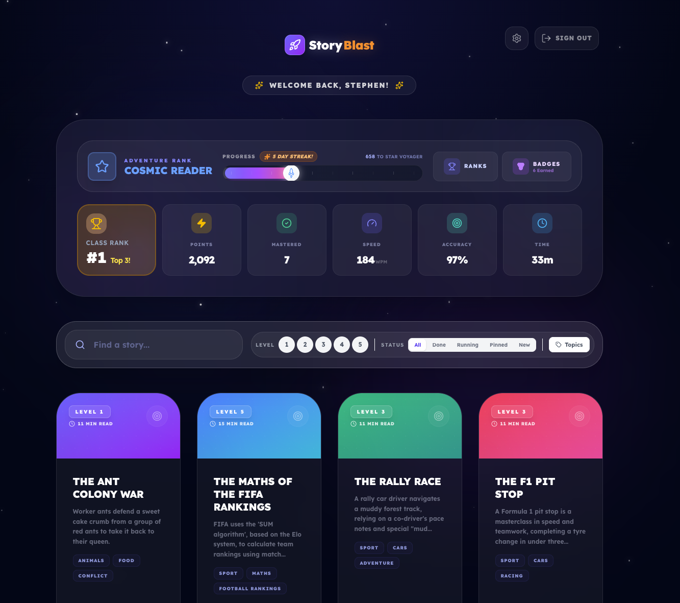 StoryBlast Dashboard Interface